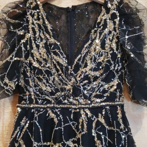 Mac Duggal NWT Black Gold Sequin Puff Sleeve Maxi Gown Dress Size 8 #204… - Picture 6 of 10